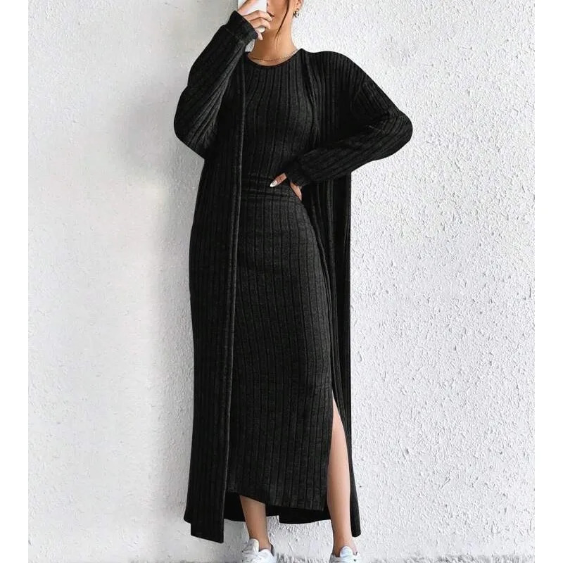 Autumn Knit Cardigan Sleeveless Dress Set Simple Solid Color Trendy Maxi Length Coat Homewear Dress 2Piece Set Womens Outfits 251028