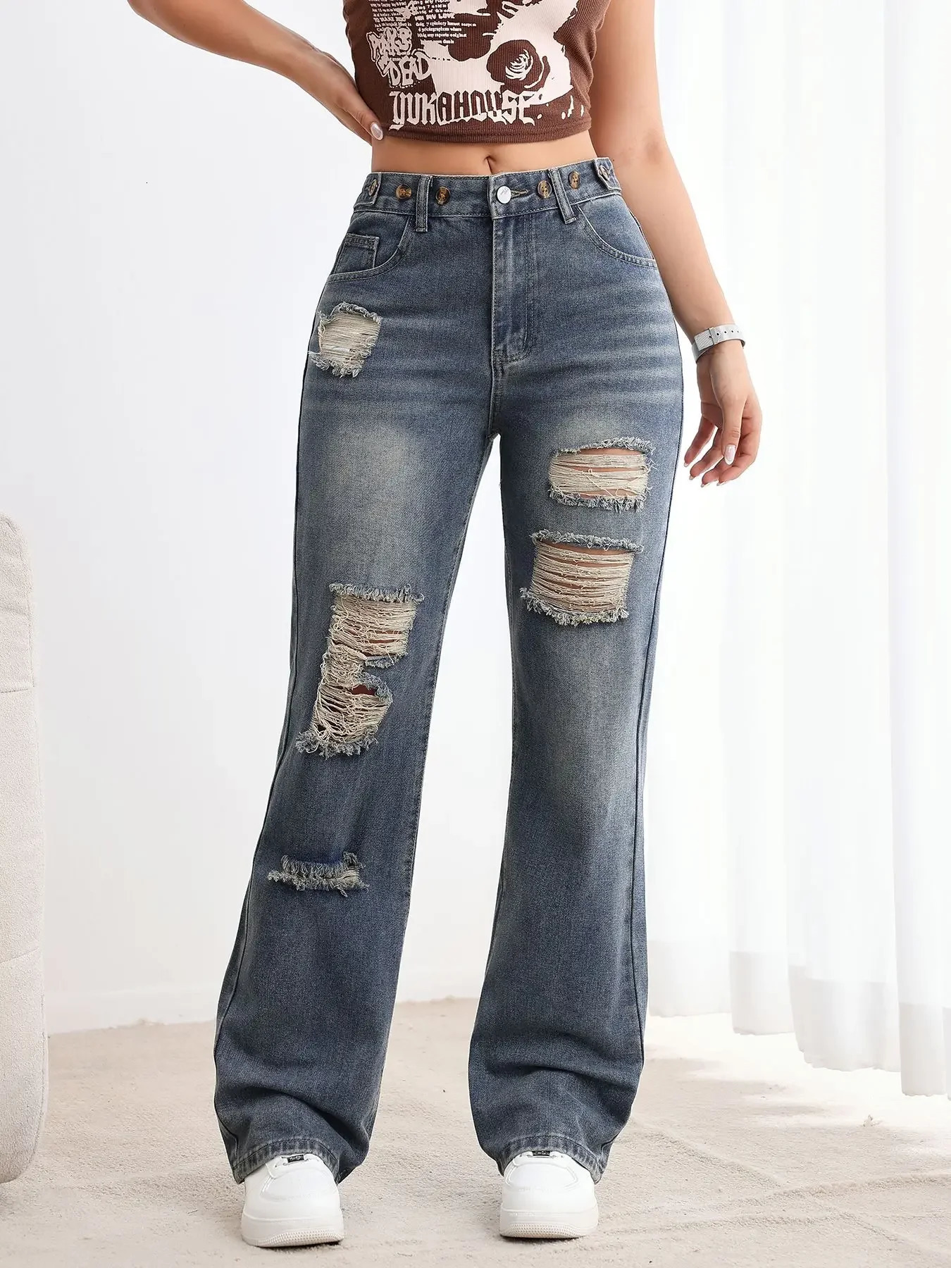 Baggy Jeans Womens Jeans Flared Jeans High Rise Ripped Denim Vintage Retro Style Loose Fit Comfort Stretch Fabric 251029