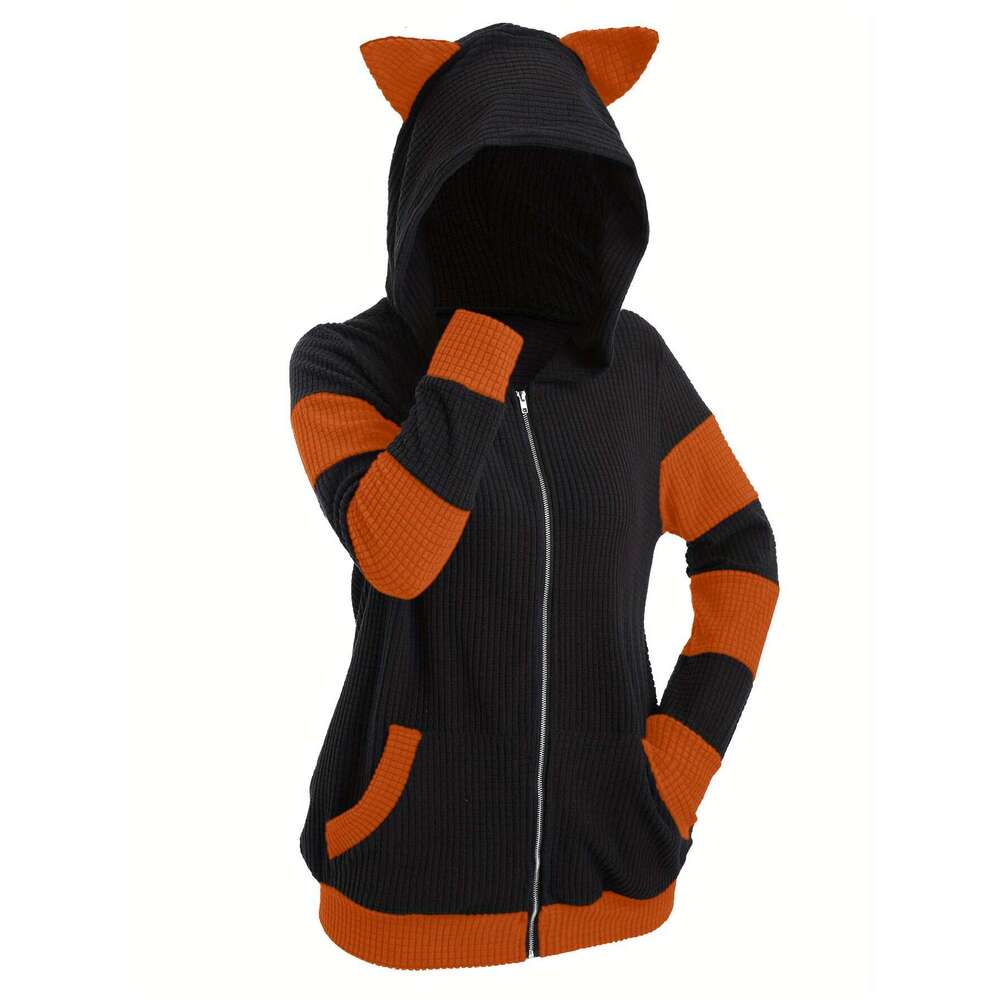 Women S Anime Hooded Sweatshirt Thickened Hoodie Coat With Front Zipper Closure Black Bury Colorblock All Season Layering Piece For Casual Outfits The