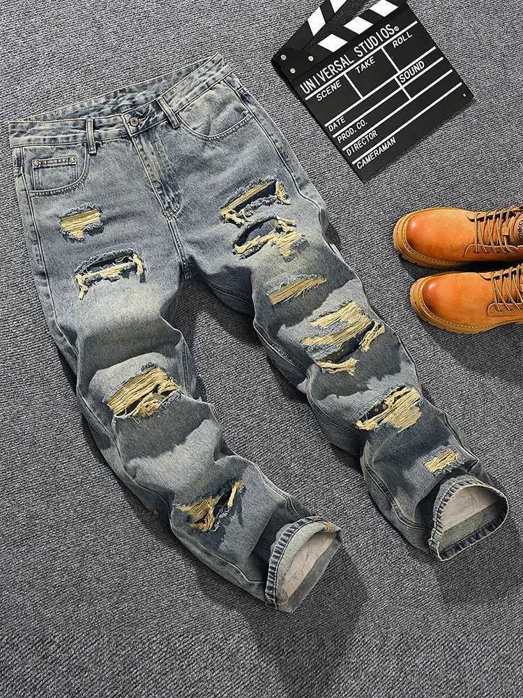 2025 personalized handsome ripped jeans mens street fashion brand loose straight leg wide leg retro distressed denim pants J251030