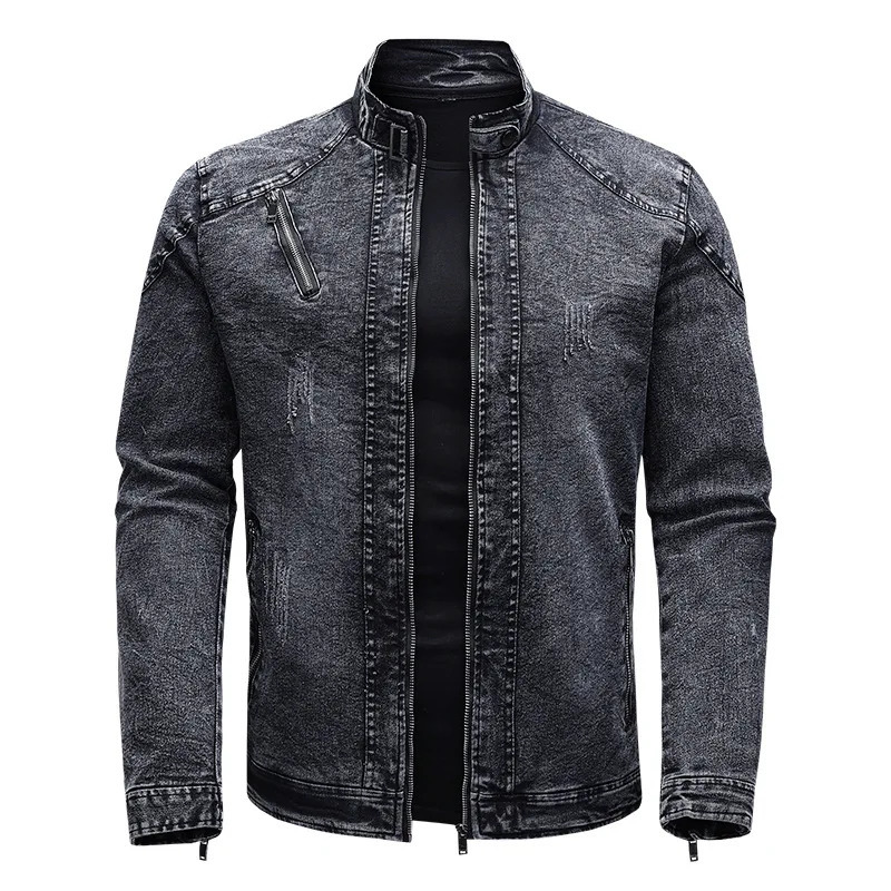 Motorcycle Denim Jacket Men Retro Zippers Stand Collar Coats Mens Cotton Slim Fit Moto Biker Outerwear 251029