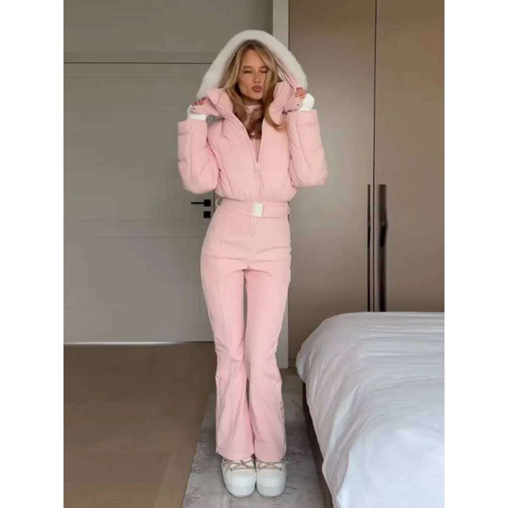 Pink Thicken Fur Patchwork Jumpsuit Women Slim Full Sleeve Hoody Zipper High Waist Skiwear Fashion Winter Warm Lady Romper