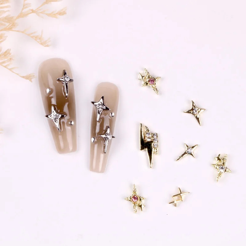 TSZS 10PcsLot Nail Charms Star Lightning Shape Style Gold Colorful Rhinestone Metal Decorations Nail Accessories DIY 251027