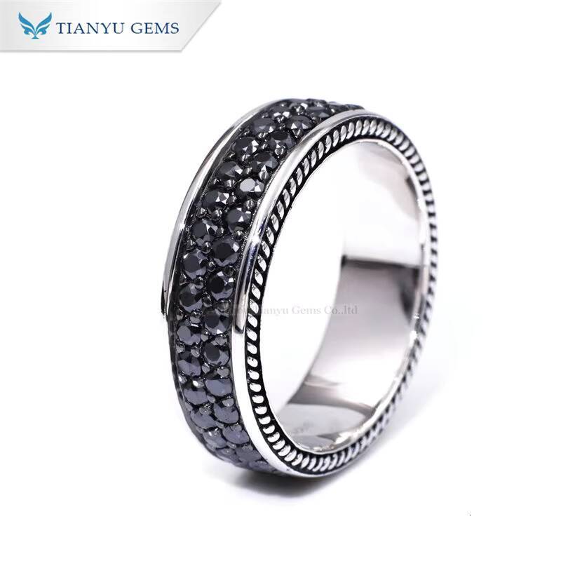 Tianyu Gems 2mm Round Cut Black Moissanite 2ctw Gemstone Men Ring 925 Sterling Silver Gold Plated Band Rings Custom Made for Men
