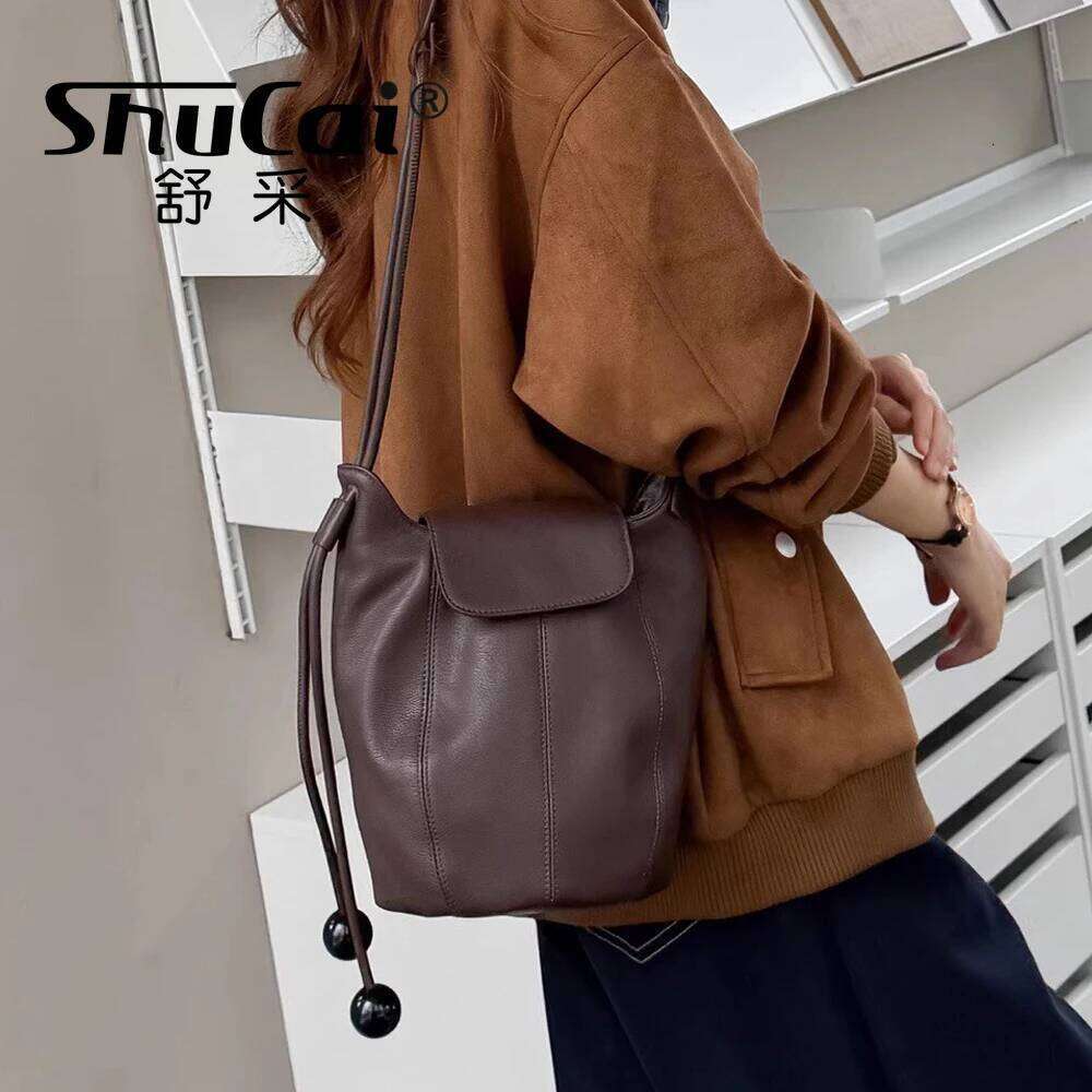 Genuine Grade Cow Leather Women's Shoulder Crossbody Black Bag Designer Brand Cowhide Female Small Coffe Bucket Bags New