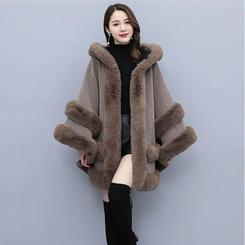2025 Autumn Winter Fashion Loose Casual Chic Bat Sleeve Coat Woolen Hooded Shawl Big Fur Collar Warm Cape Coat Women Outwear 251029