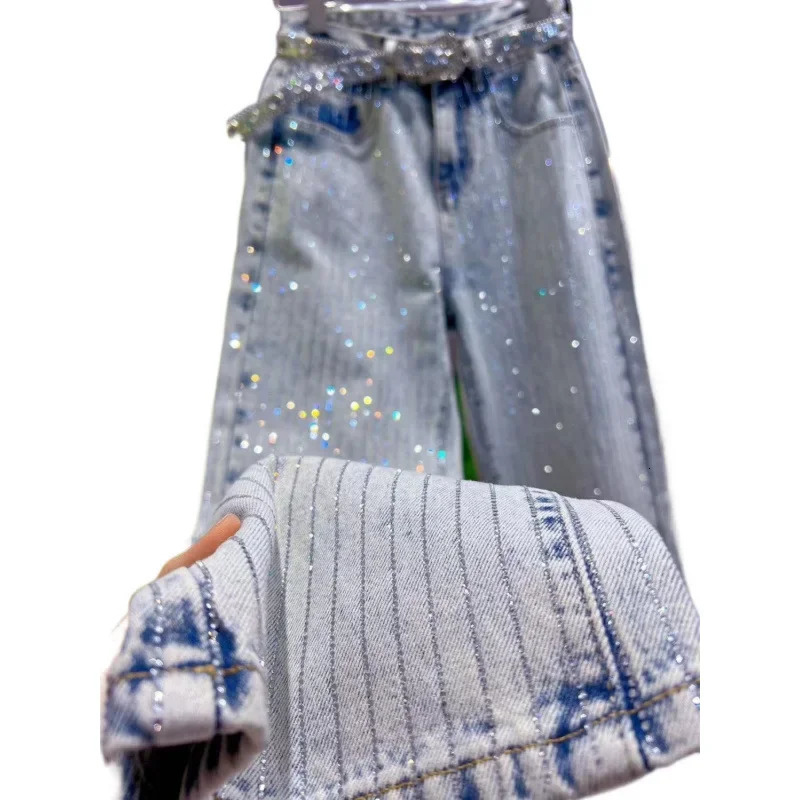 Retro Heavy Work Loose High Waist Straight Leg Jeans Full Body Vertical Diamond Pattern Fashionable Womens Denim Pants 251029