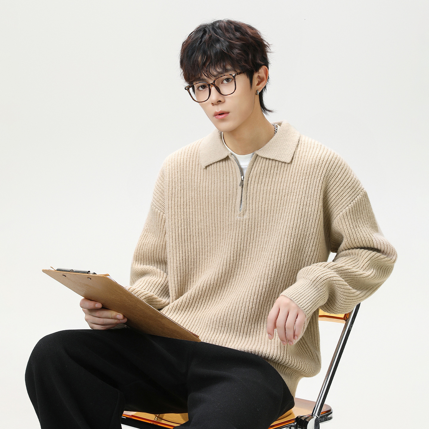 Half-zip Cardigan With Designer Sweater Turn-down Collar For Men Autumn And Winter Style Loose Fit Faux Deer Fur Pullover Knit Sweater Jacket