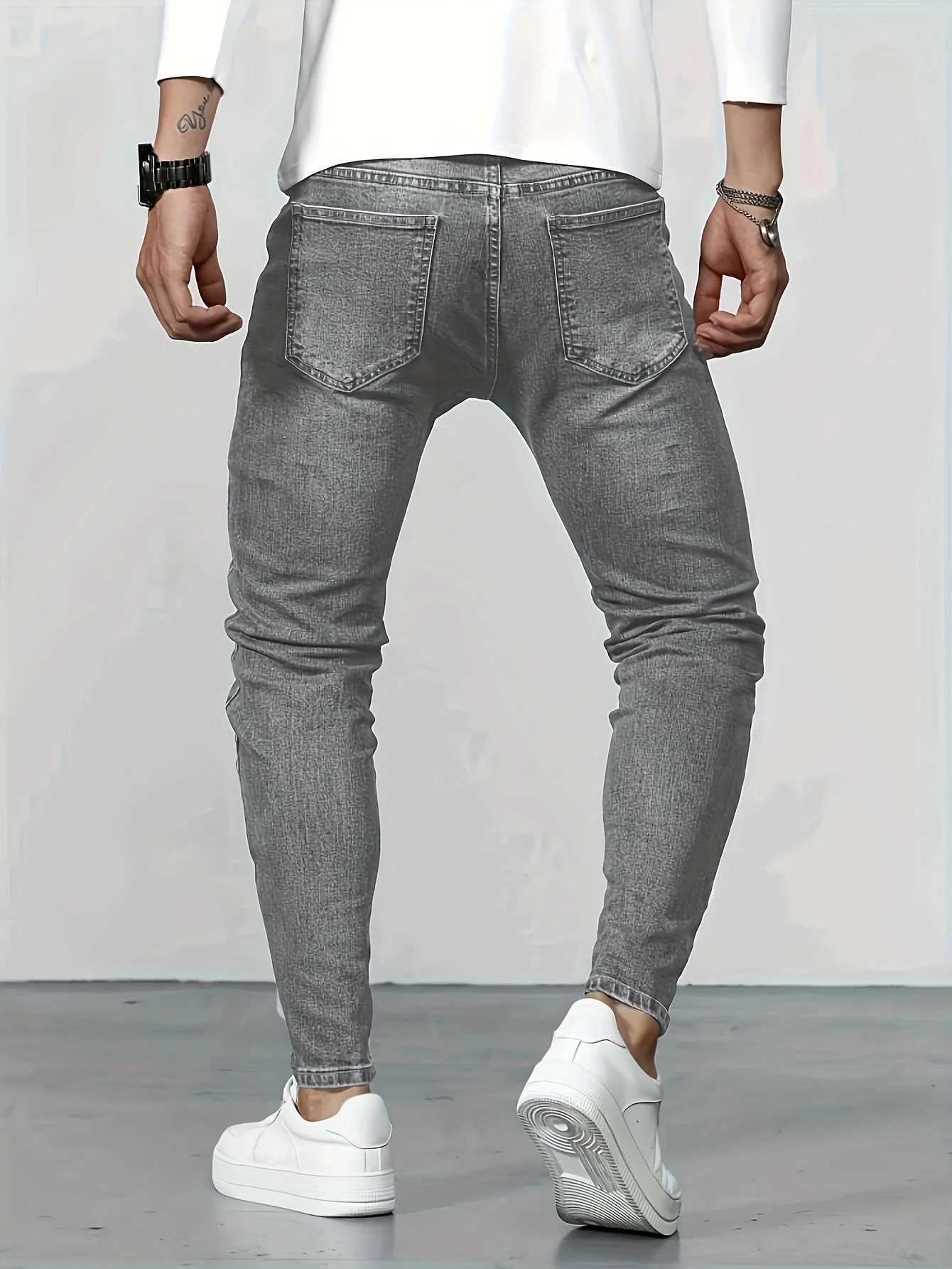 Mens Distressed Grey Jeans Street Style Slim Fit Ripped Denim Pants Trendy Casual Trousers for Daily Hip Hop Looks J251030