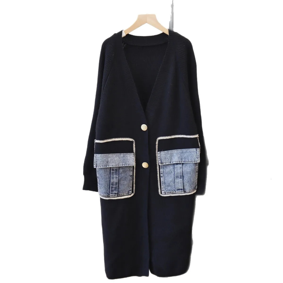 Spliced Women Cardigan Sweaters Knitted Long Jumpers V Neck Long Sleeves Denim Pocket Button Loose Fit Casual Autumn Winter 2025 251029