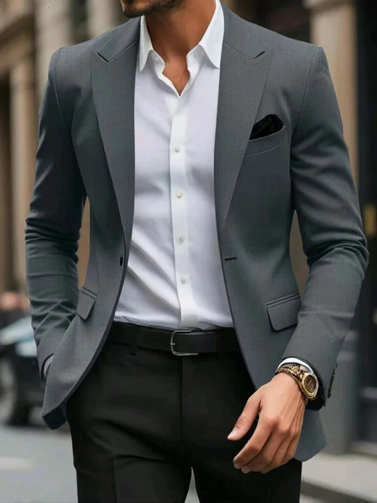Mens Blazer Jacket Fashion Casual Solid Colored Grey khaki black brown Tailored Fit Single Breasted 251028