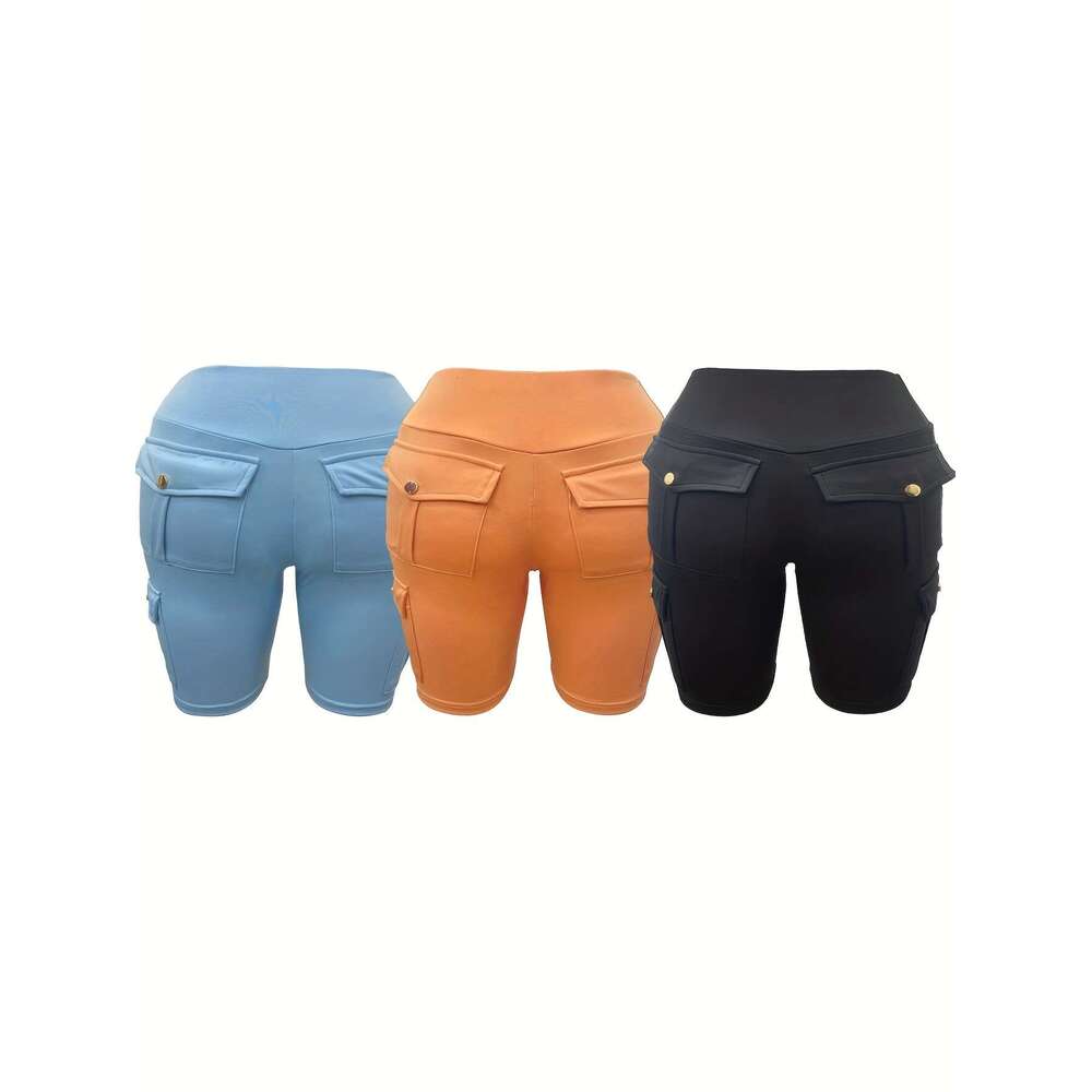 Yoga Shorts Set, 3 Pack, Solid Color, Back Pockets, Quick-dry Fabric, Women's Casual Sports Wear