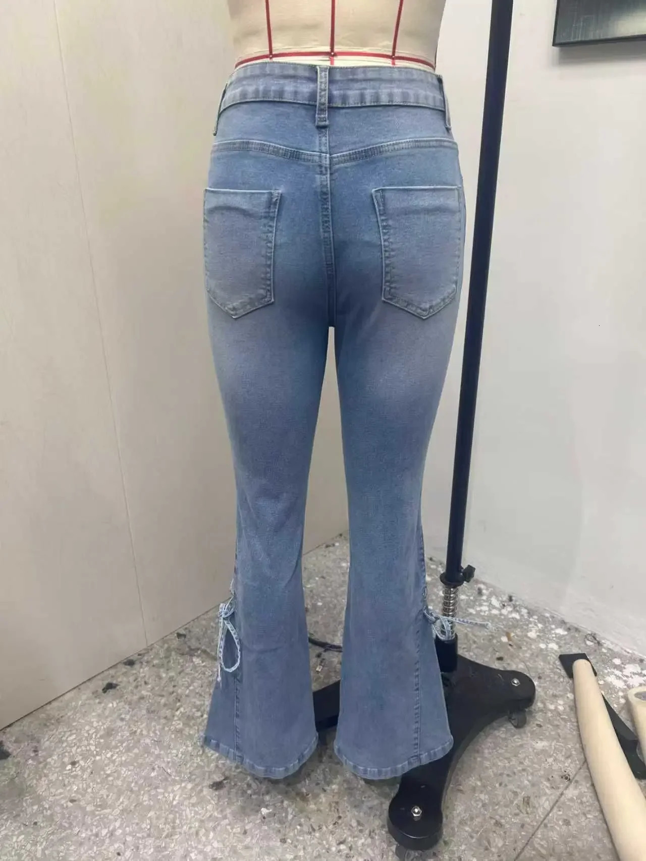 Y2k Jeans For Woman Medium Rise Elastic Bodycon Tied Bow Flare Pants Vintage Style Stretchy Denim Trousers 251029