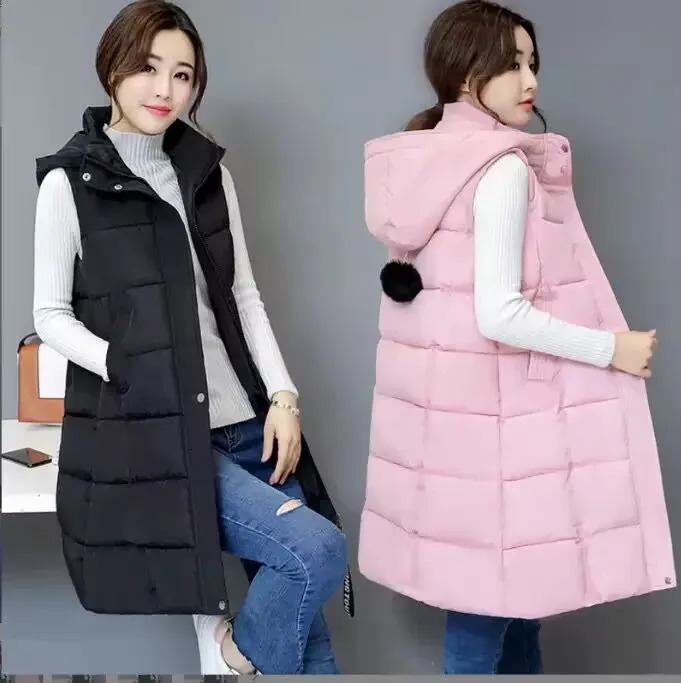 2025 Midlength Down Cotton Vest Coat Womens Autumn Winter Solid Hooded Casual Zipper Waistcoat Female Sleeveless Parkas 251024