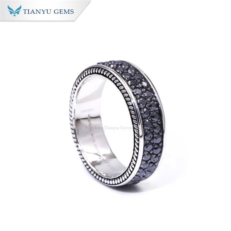 Tianyu Gems 2mm Round Cut Black Moissanite 2ctw Gemstone Men Ring 925 Sterling Silver Gold Plated Band Rings Custom Made for Men