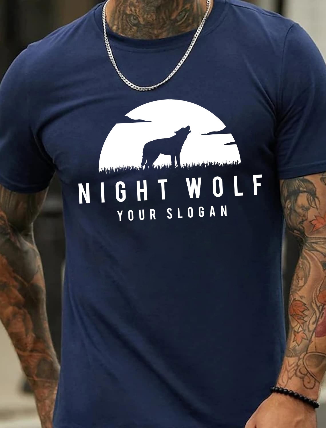 European & American Oversized Men's Cotton Summer T-Shirt with Howling Wolf Print Under the Full Moon - TT7188