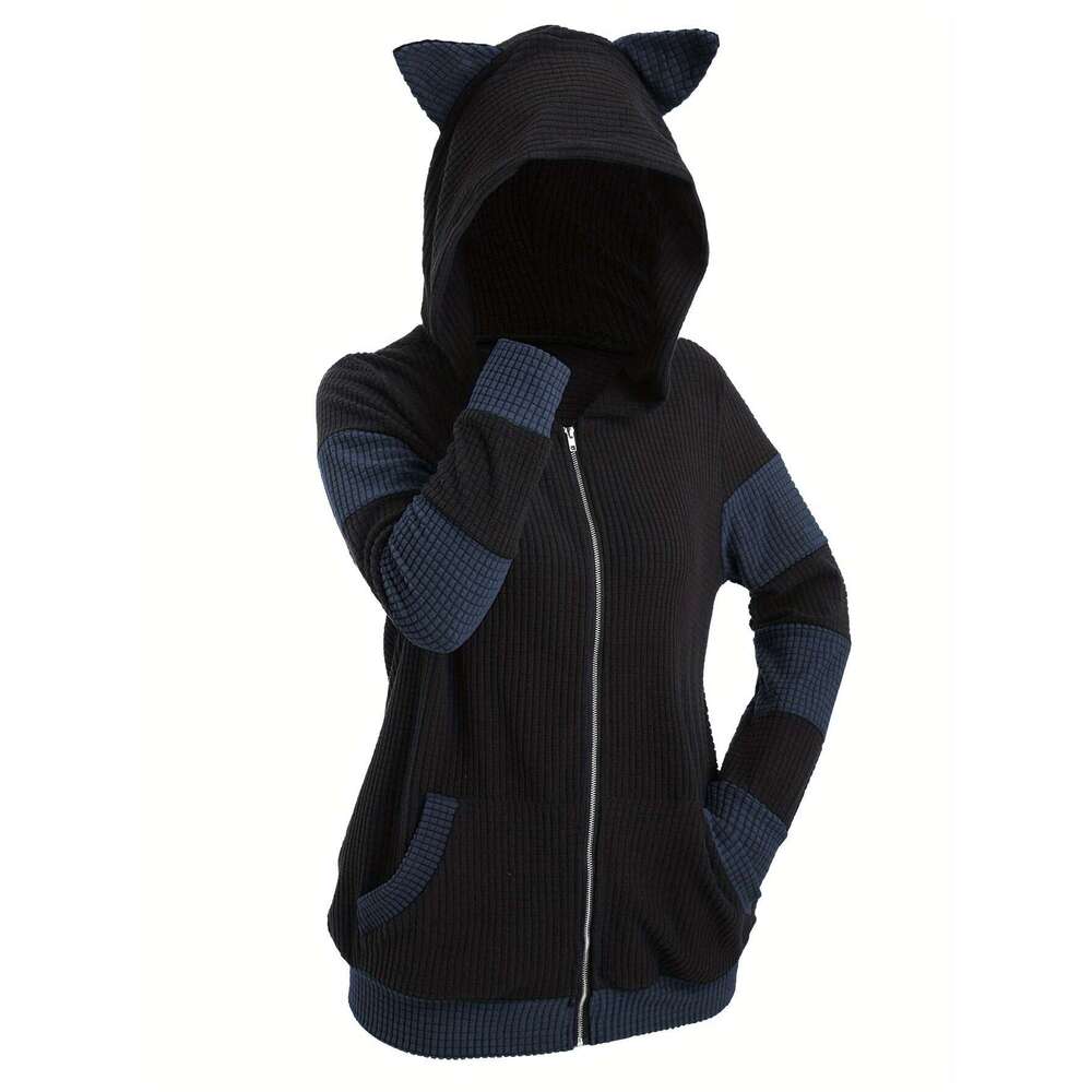 Women S Anime Hooded Sweatshirt Thickened Hoodie Coat With Front Zipper Closure Black Bury Colorblock All Season Layering Piece For Casual Outfits The