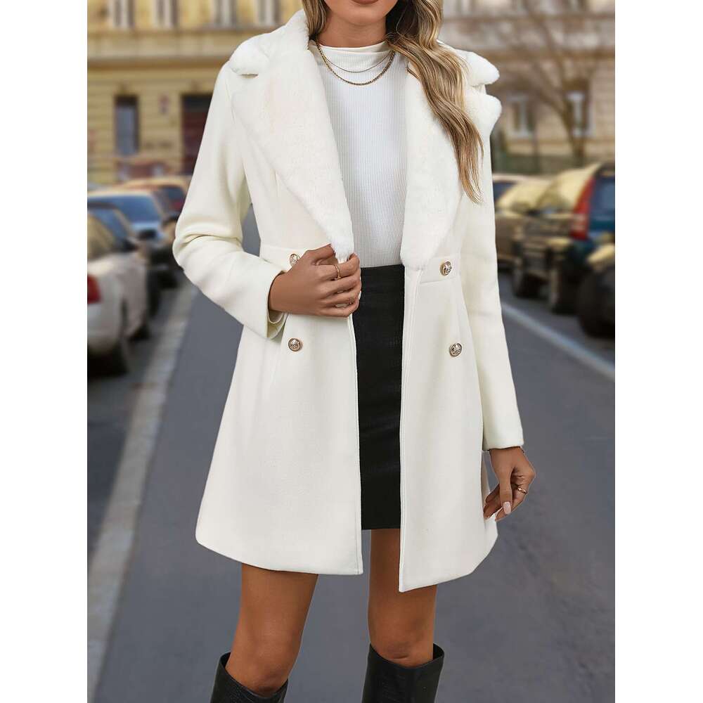 SPECHIR Women S Elegant Polyester Coat Faux Fur Collar Solid Color Double Breasted Winter Overcoat With Button Details Woven Outerwear A