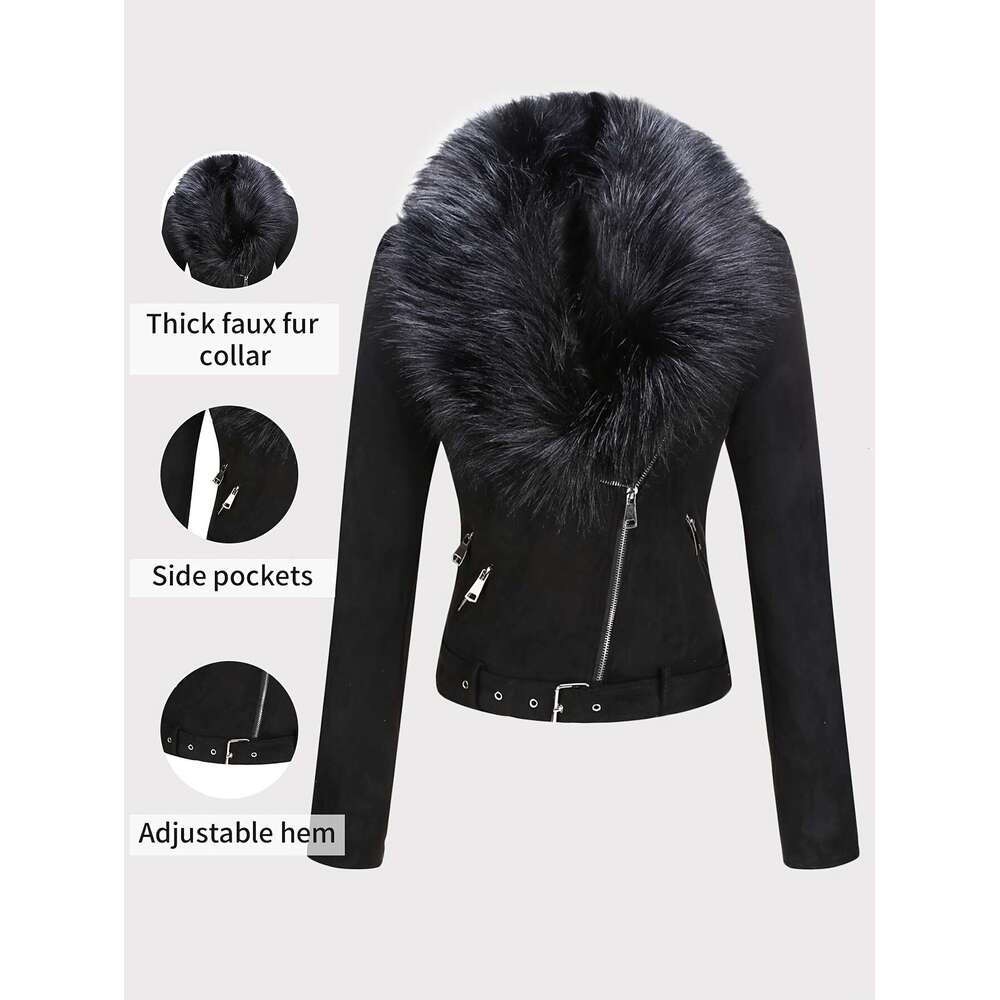 Women S Suede Motorcycle Jacket With Detachable Faux Fur Collar Stylish Winter Outerwear Black Zip Up Closure Long Sleeve Casual Chic Design