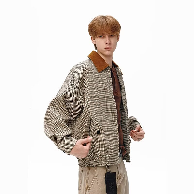 American Style Plaid Turn-down Collar Color-block Jacket For Men Autumn Trendy Brand Versatile Designer Jacket Casual High-end Feel Outerwear