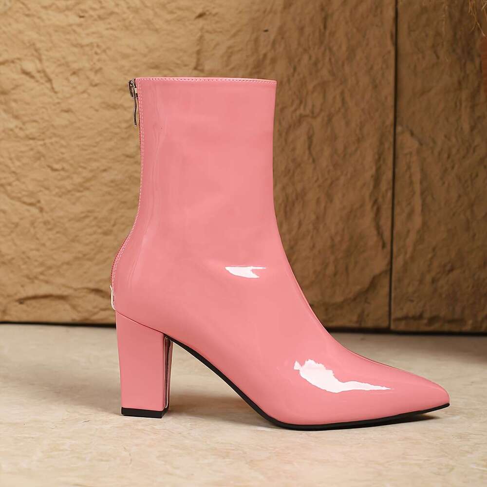 Women's Glossy Pink Pointed-Toe Chunky High-Heel With Zipper Closure Round-To-Pointed Arch, Comfortable Cushioned Insole TPU Sole, Winter-Ready D
