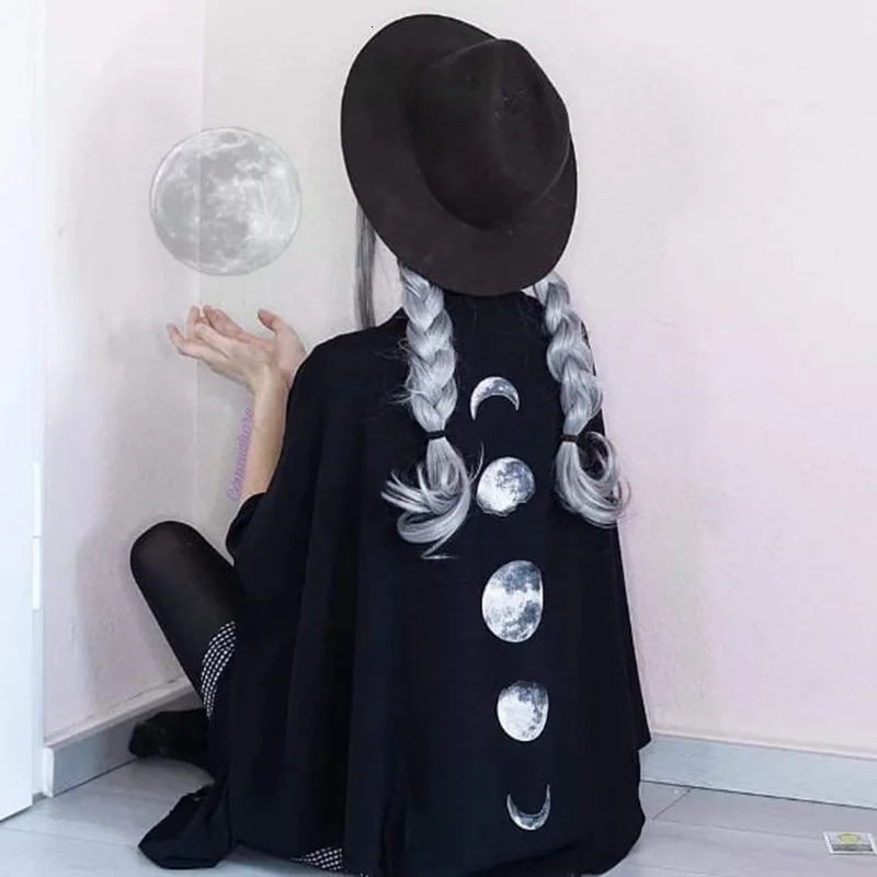 FICHOR Gothic Moon Phase Black Cloak for Women Fall Winter Geometric Y2k Graphic Goth Outwear Oversized Irregular Ponchos Ladies 251029