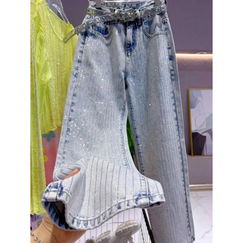 Retro Heavy Work Loose High Waist Straight Leg Jeans Full Body Vertical Diamond Pattern Fashionable Womens Denim Pants 251029