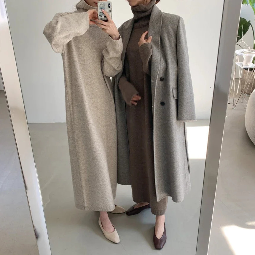 REALEFT Autumn Winter Elegant Turtleneck Loose Womens Knitted Long Dresses Sleeve Solid Straight Dress Female 251027