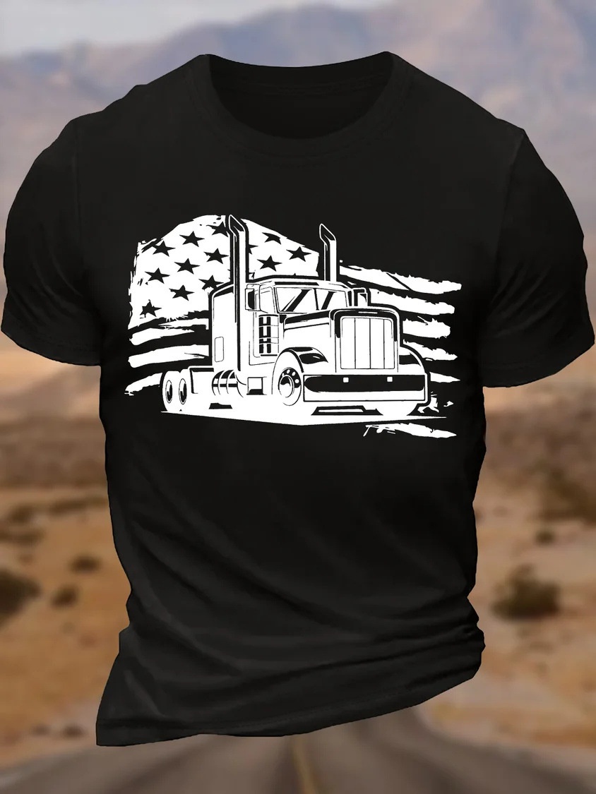 European & American Oversized Men's Flag Trucker Funny Crew Neck Casual Cotton Letter T-Shirt - TT7381