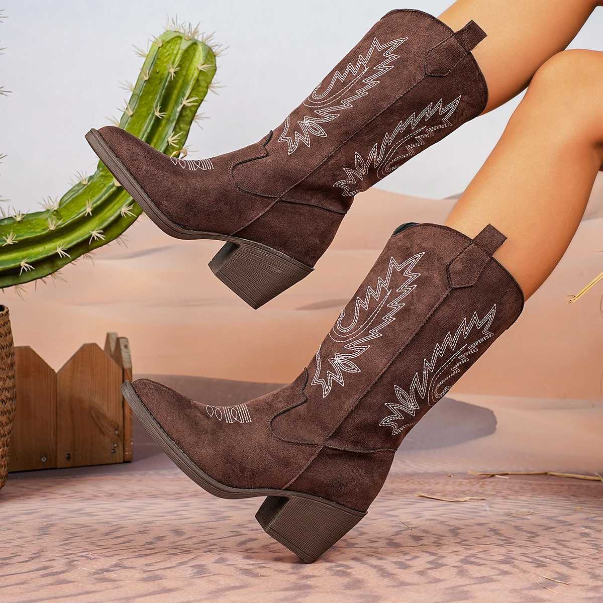 2025 Spring and Fall Fashion Pointy Solid Color Womens Midcalf Boots with Midheel Sleeves Embroidered Western Cowboy Boots Z251029