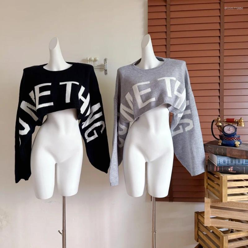 Women's Sweaters Letter Print Loose Crop Sweater Spring Autumn Casual O Neck Lady Solid Color Pullover Large And Long Sleeve Short Jumper