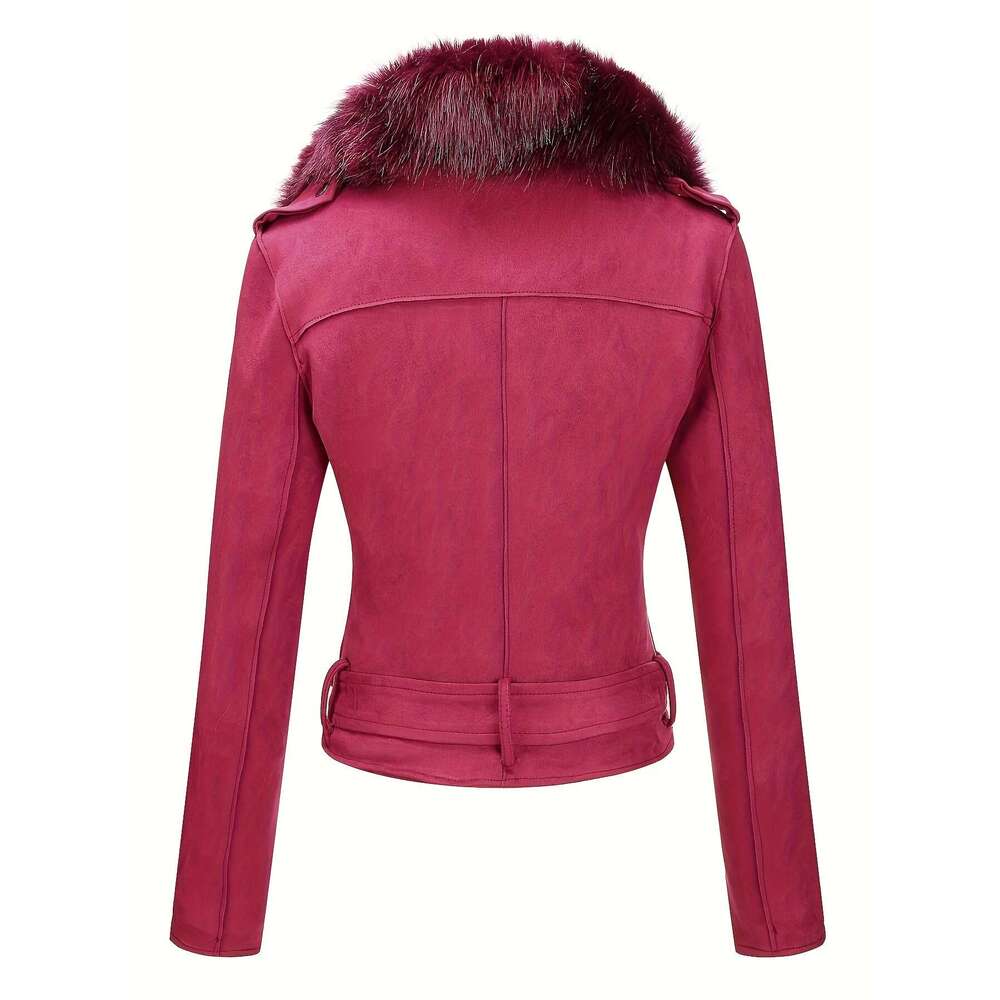 Women S Suede Motorcycle Jacket With Detachable Faux Fur Collar Stylish Winter Outerwear Black Zip Up Closure Long Sleeve Casual Chic Design