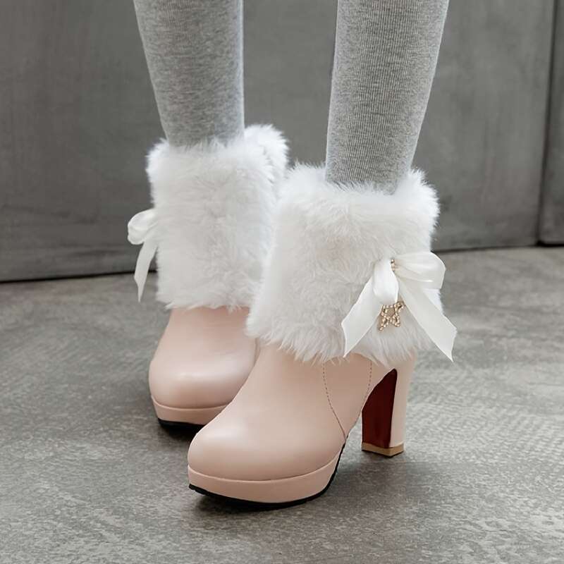 Women's Kawaii /Korean Style Sweet Bow Thick Platform High-Heel - Winter Warm Round Toe Short With Zipper Closure, Faux & Rubber Sole, Pink Ankle