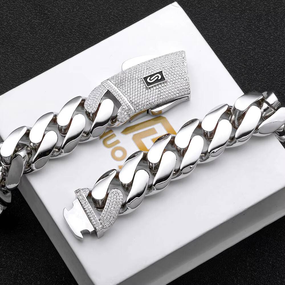 NUOAY Fine Jewelry 925 Silver Cuban Chain Iced Out Diamond Clasp Pass Diamond Test VVS Moissanite Smooth Cuban Chain Necklace Designer's style