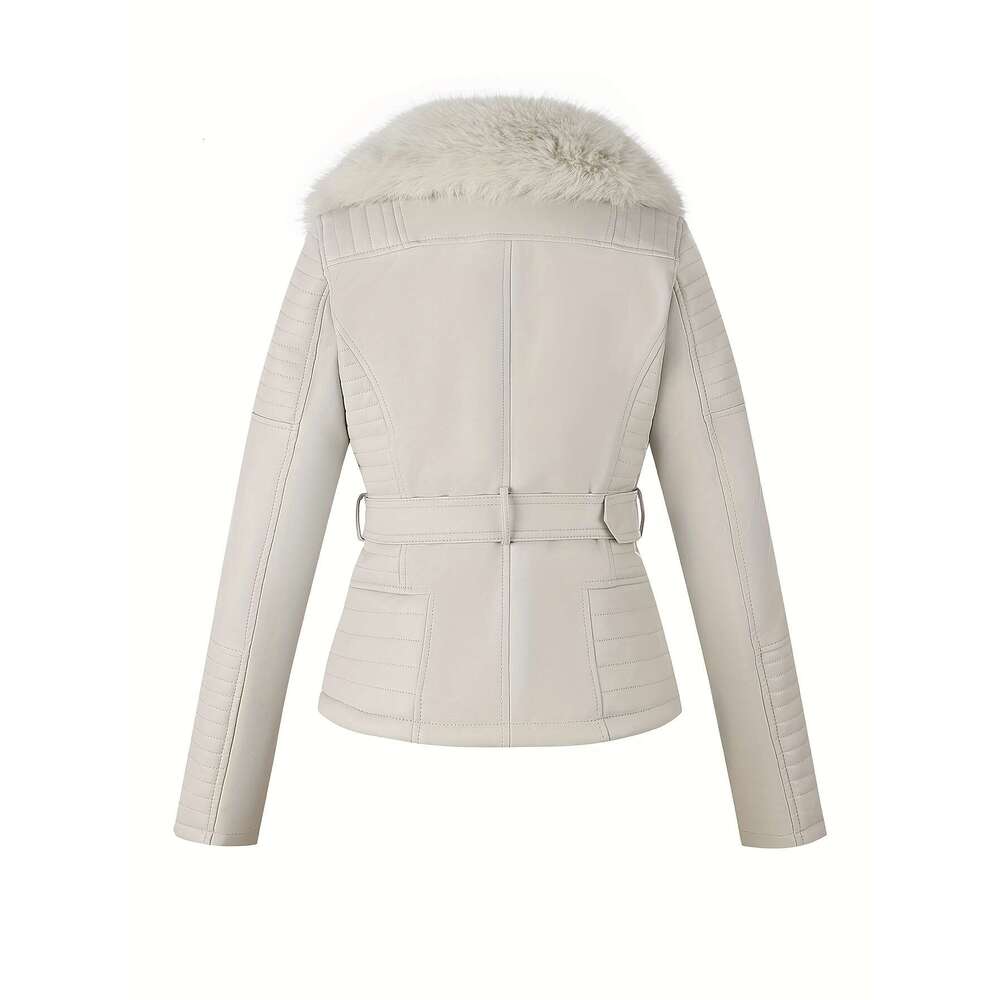 Women S Autumn Winter PU Leather Jacket Fashion Warm Large Faux Fur Collar Biker Jacket Coat