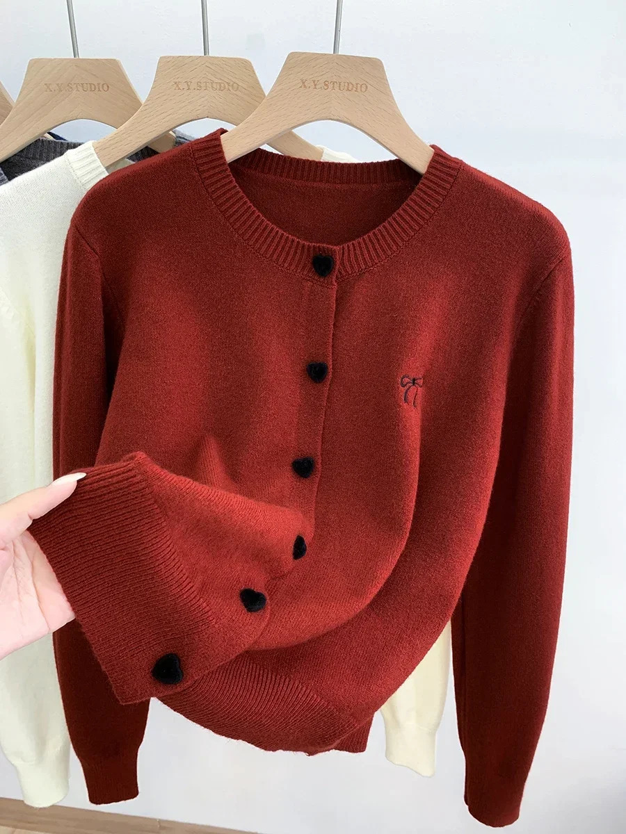 Korean Casual Solid Tops Women ONeck Single Breasted Heart Button Sweater Bow Embroidery Knitted Cardigan Woman Clothes 45 251028
