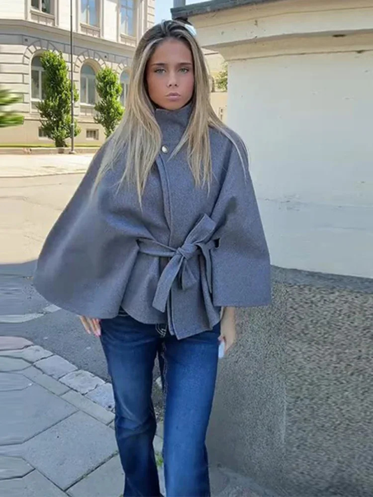 Elegant Stand Womens Coat Solid Long Sleeve Button Belted LaceUp Cardigan Jacket Autumn Winter Outerwear Female Tops 251028
