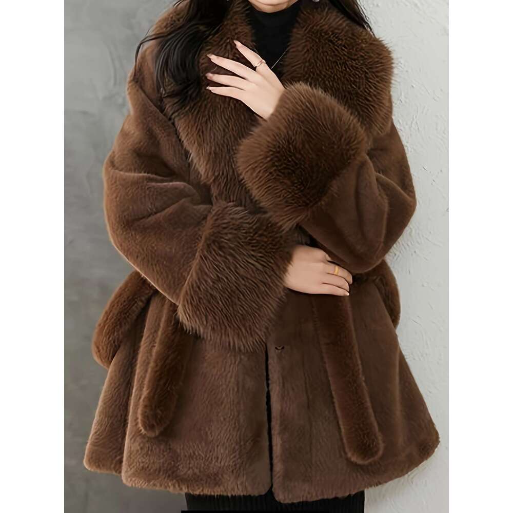 Women S Elegant Fur Lined Coat With Oversized Faux Fur Hood Imitation Grass Tie Belt Rich Brown Hand Wash Dry Clean Only Outerwear For Weather Winter