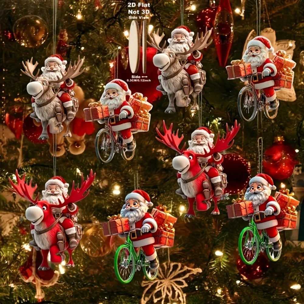81624PCS Christmas Wooden Bicycle Santa Claus 2D Flat Pendant Xmas Tree Decoration Holiday Gift Christmas Ornaments Home Decor C251030
