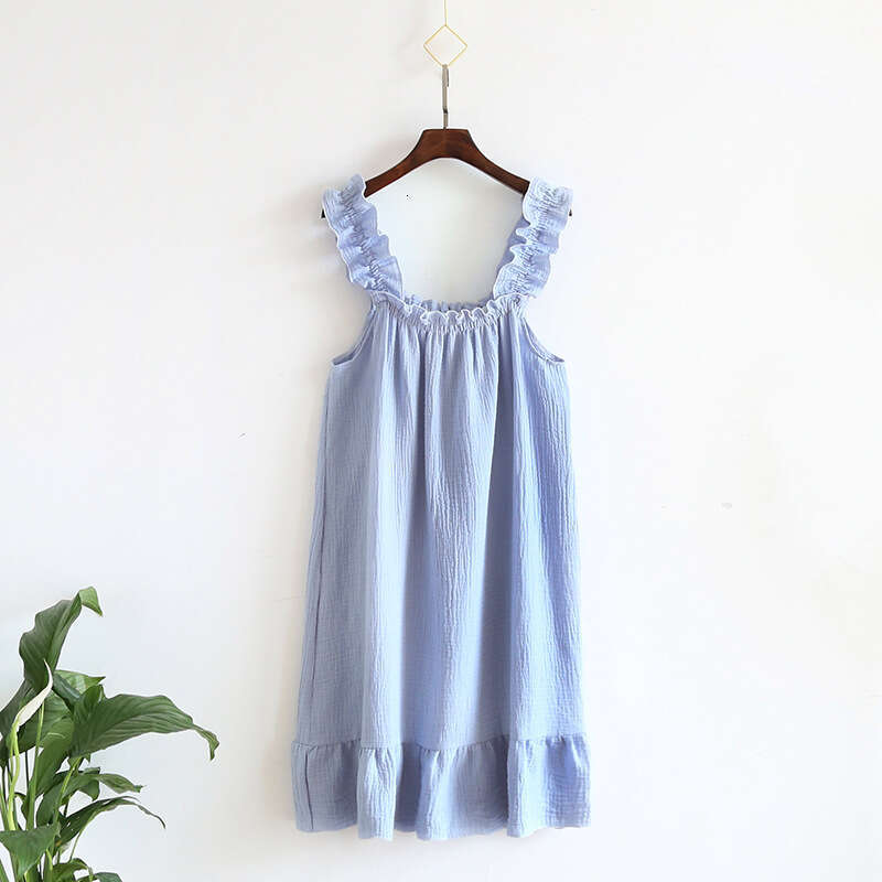 Nightdress for Women Summer Gauze Pure Cotton Thin Strap Nightgown Loose Mid-Length Sweet Cute Long Dress Homewear