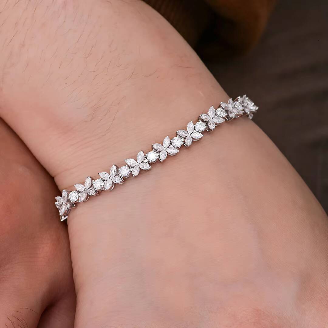 Custom Italian Charm Tennis Chain Bracelet for Women 10k White Gold with Moissanite Diamond Elegant Fine Jewelry for Couples
