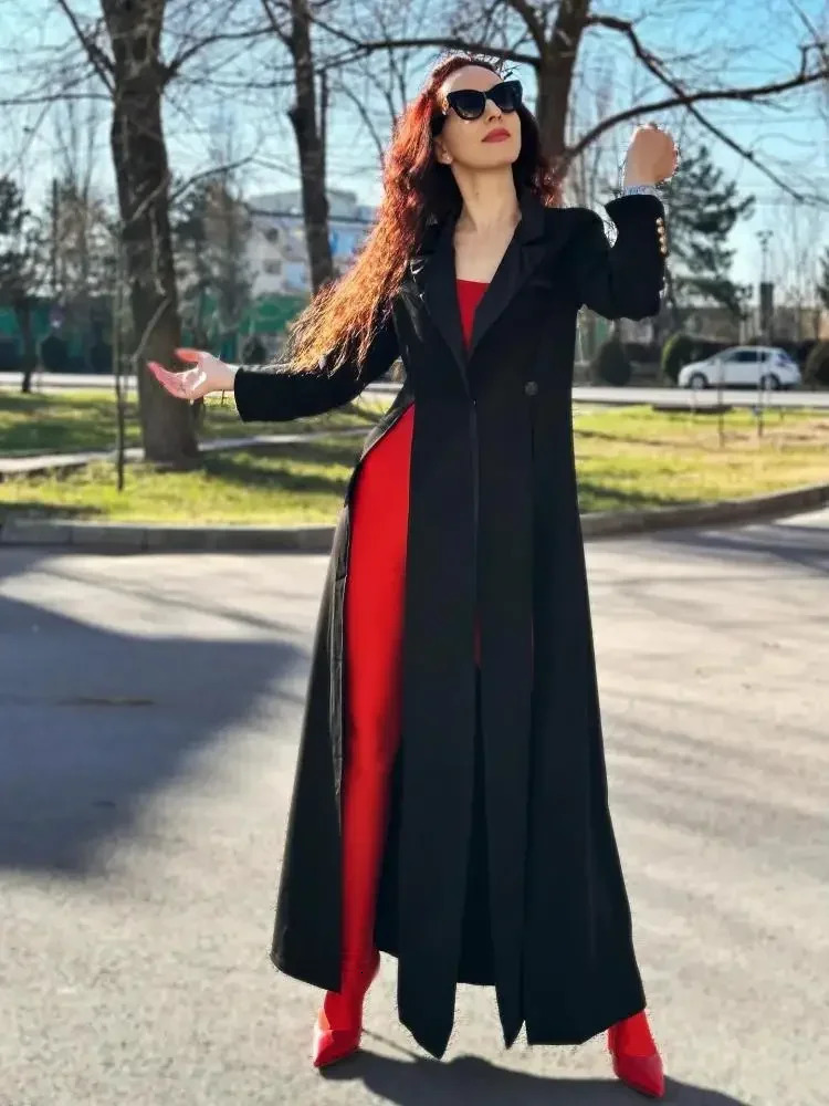 Womens Long Blazer Top Notched Collar Sleeves SplitSide Outerwears Office Ladies Coat 251027