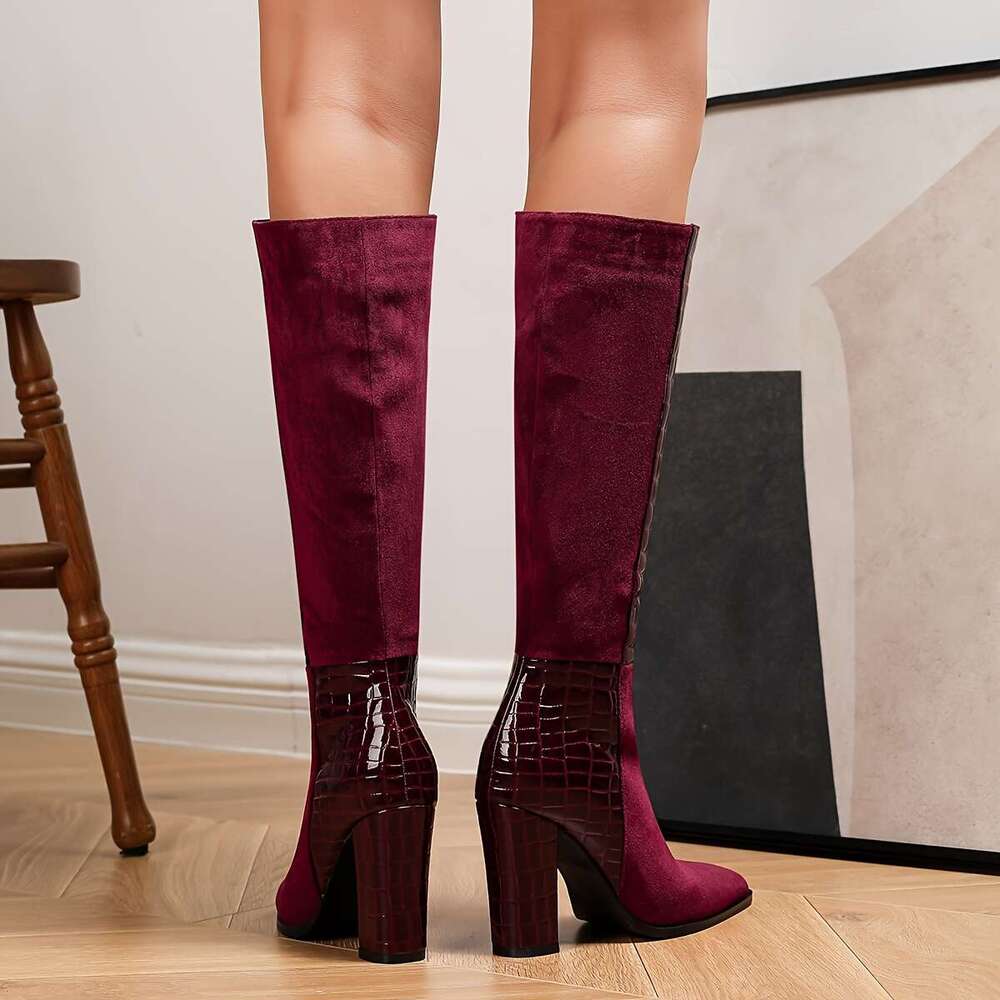 Women's Pointed Toe Knee-High - Faux Cover, Wine Lined, Zipper Closure, Ultra-High Heel, Perfect For & Fall, Autumn Winter Footwear Elegant Boot 