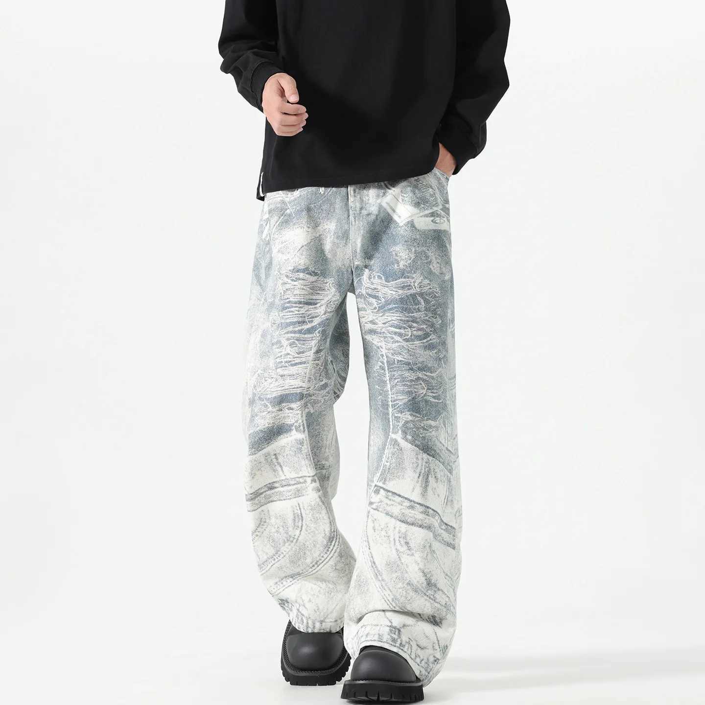 2025 Autumn New American Fashion 3D Digital White Loose Jeans Dirty Printed Jeans Mens Casual Straight Leg Floor Pants J251030