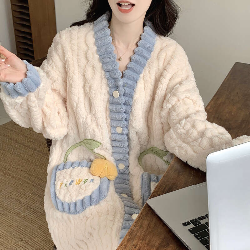 Women's Coral Fleece Nightgown, Winter Flannel Thickened Mid-Length Cardigan Homewear Nightdress