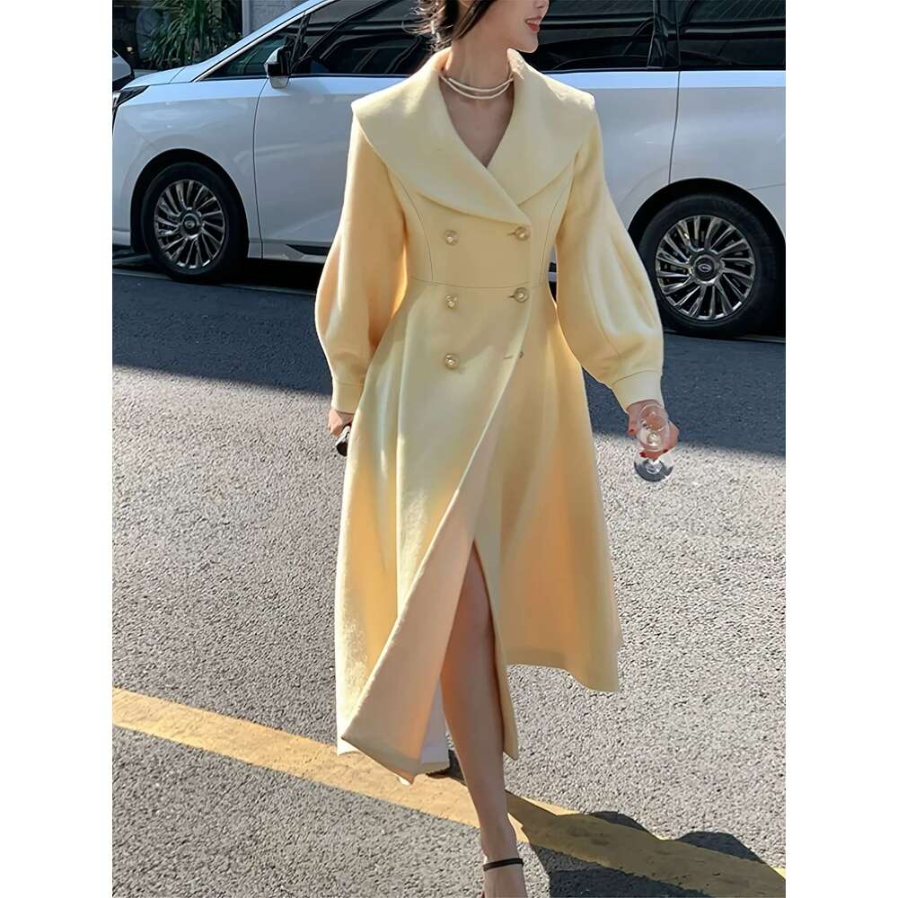 Women S Elegant Mustard Yellow Tweed Double Breasted Coat Long Winter Jacket With Like Buttons Structured Collar A Line Silhouette Hine Washable