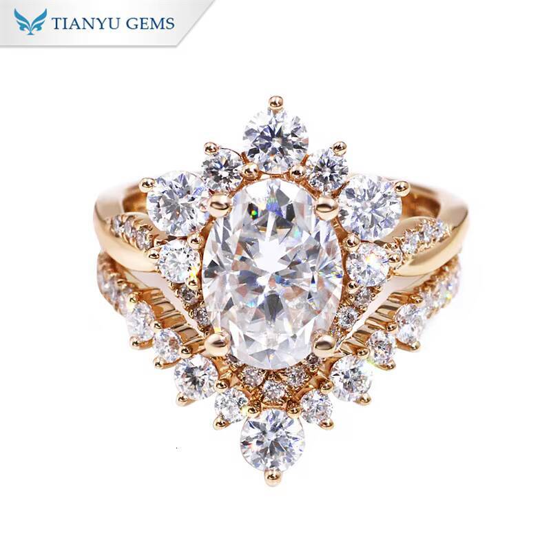 Tianyu Gems 85g 14k Yellow Gold 810mm 3ct Oval Hearts and Arrows Cut Moissanite DEF VVS1 Jewelry Ring Set for Women