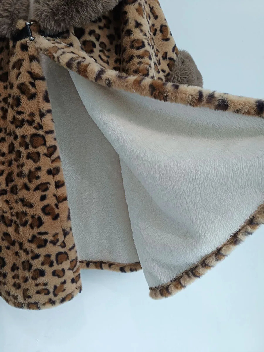 Soft Warm Furry Classic Leopard Faux Fur Cape Coat Long Fashion Batsleeve Cloak Winter Women Wraps Overcoat 251029
