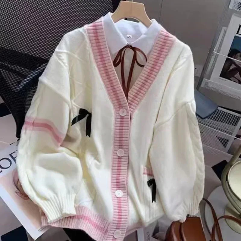 Sweet Bow Sweater Cardigans Women Y2K Aesthetic Contrast Color VNeck Knitted Cardigan Kawaii Jk Single Breasted Sweaters Coat 251028