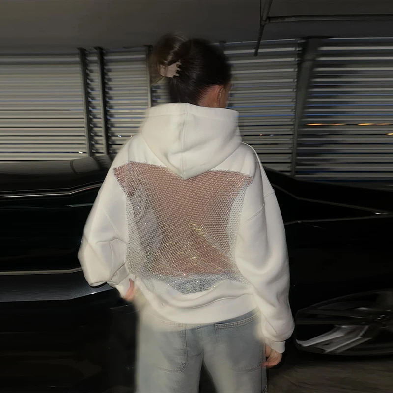 Women Backless Long Sleeve Gothic Sweatshirt Sexy Hollow Mesh Hoodie Shiny Translucent Y2K Pullover 2025 Lady Spicy Girl Top 251030